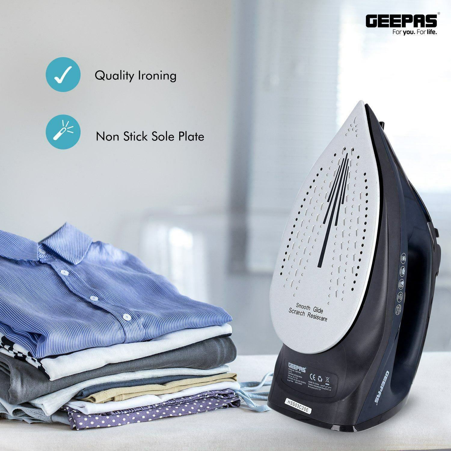 Geepas 2400W Iron Soleplate Power Steam | reliable performance | lightweight | variable steam settings | safety features | stylish | even heat distribution | Halabh.com