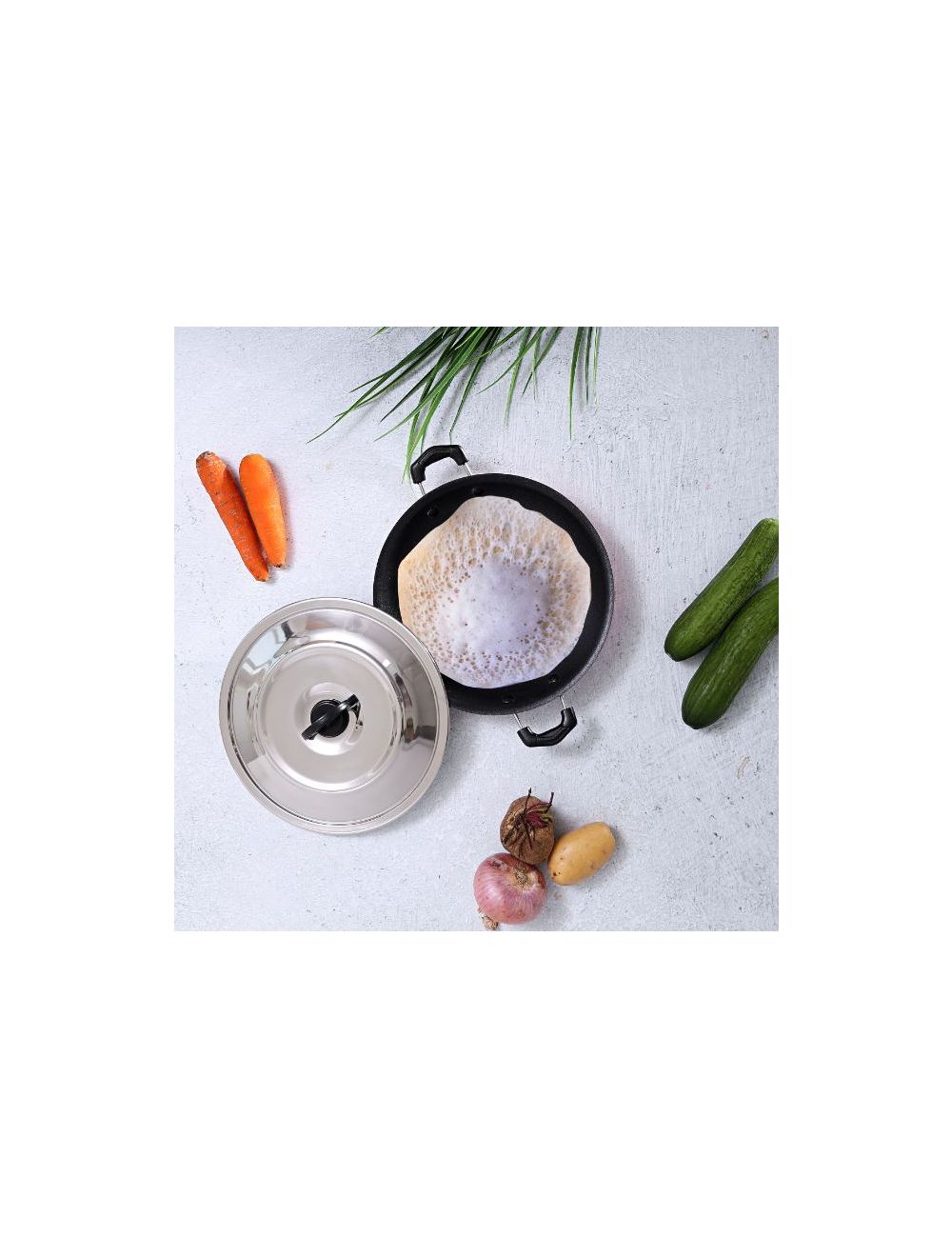 Royalford 23cm Non Stick Appam Pan with Lid Red Silver & Black