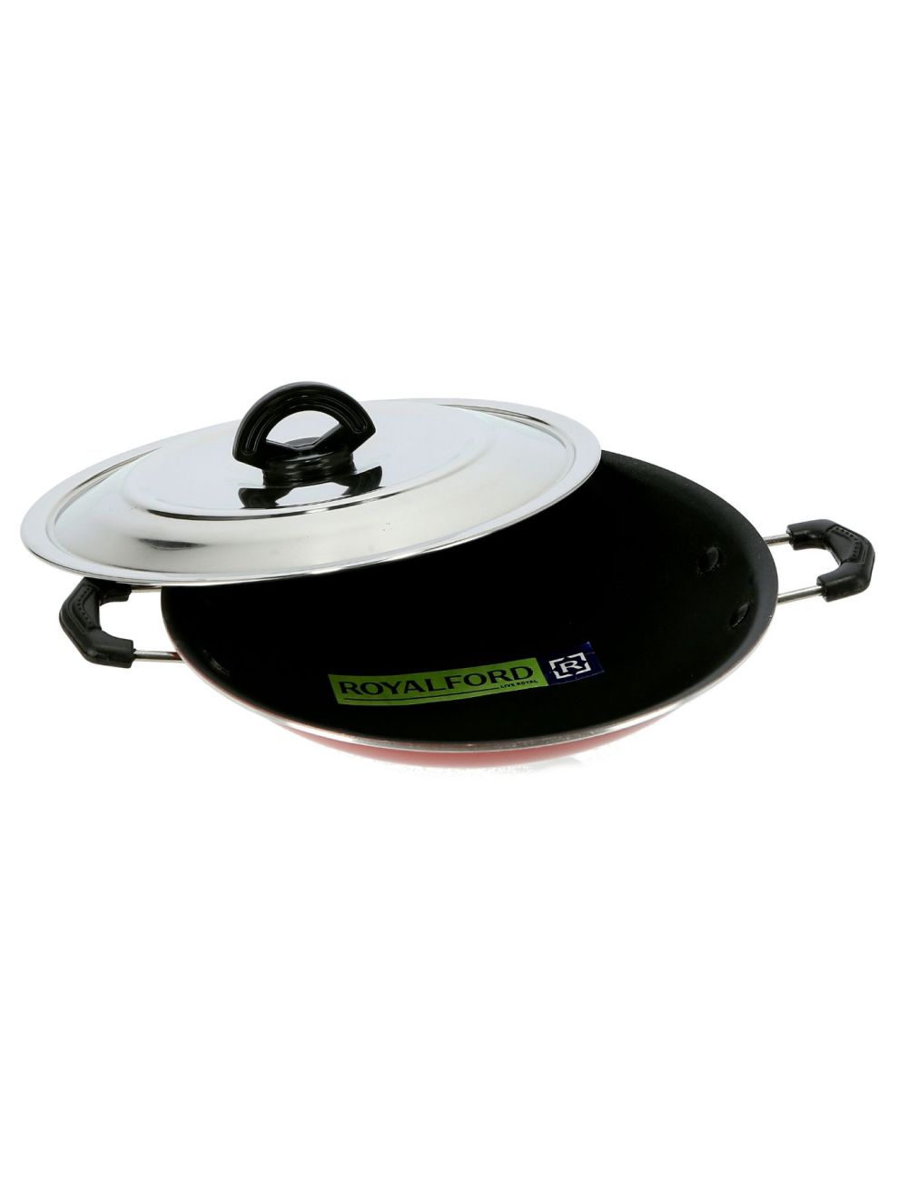 Royalford 23cm Non Stick Appam Pan with Lid Red Silver & Black