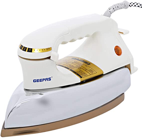 Geepas Dry Iron Cream And Silver | reliable performance | lightweight | variable steam settings | safety features | stylish | even heat distribution | Halabh.com