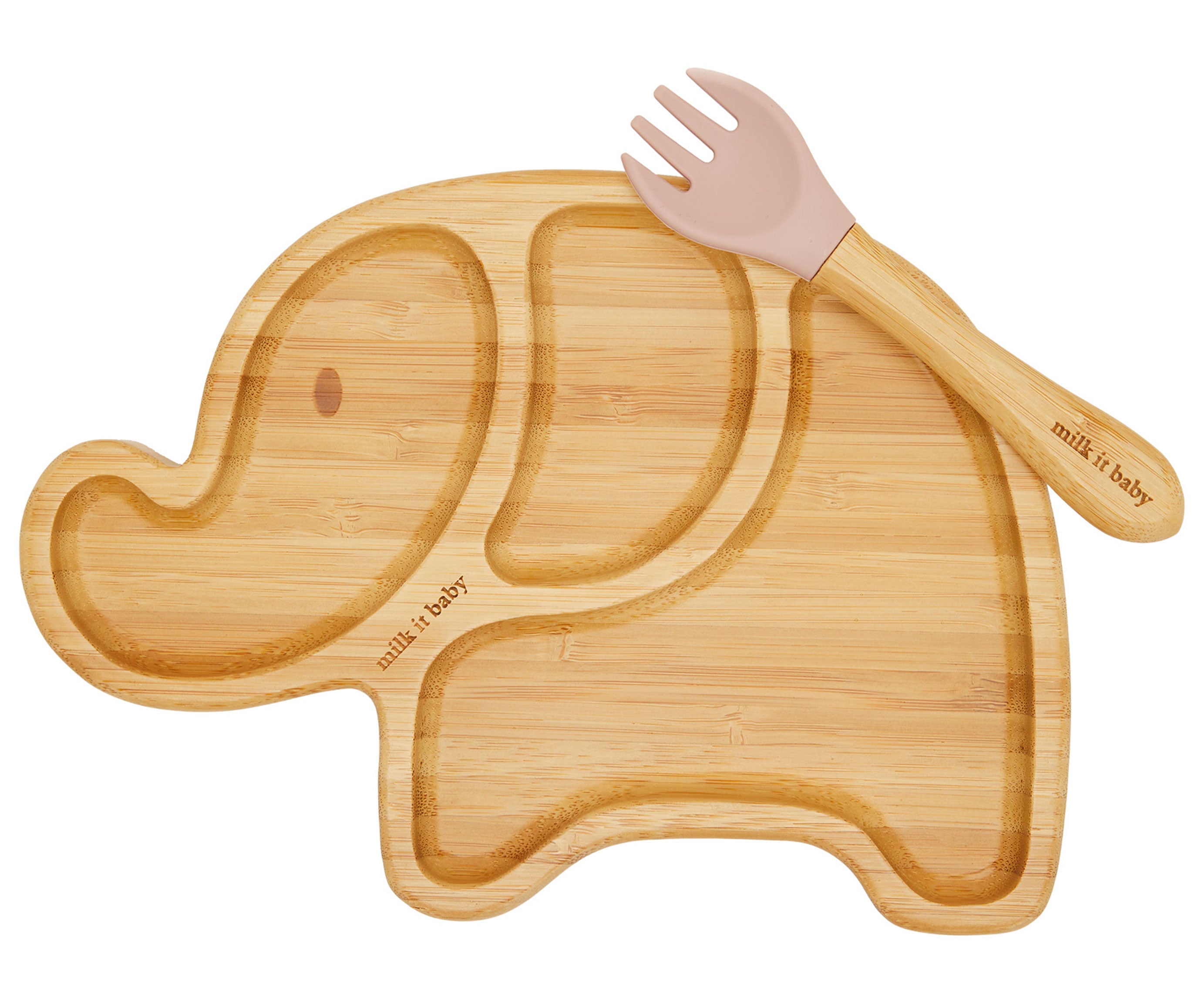Milk It Baby Bamboo Elephant Suction Plate & Fork Set Dusty Pink | Baby Products | Halabh.com