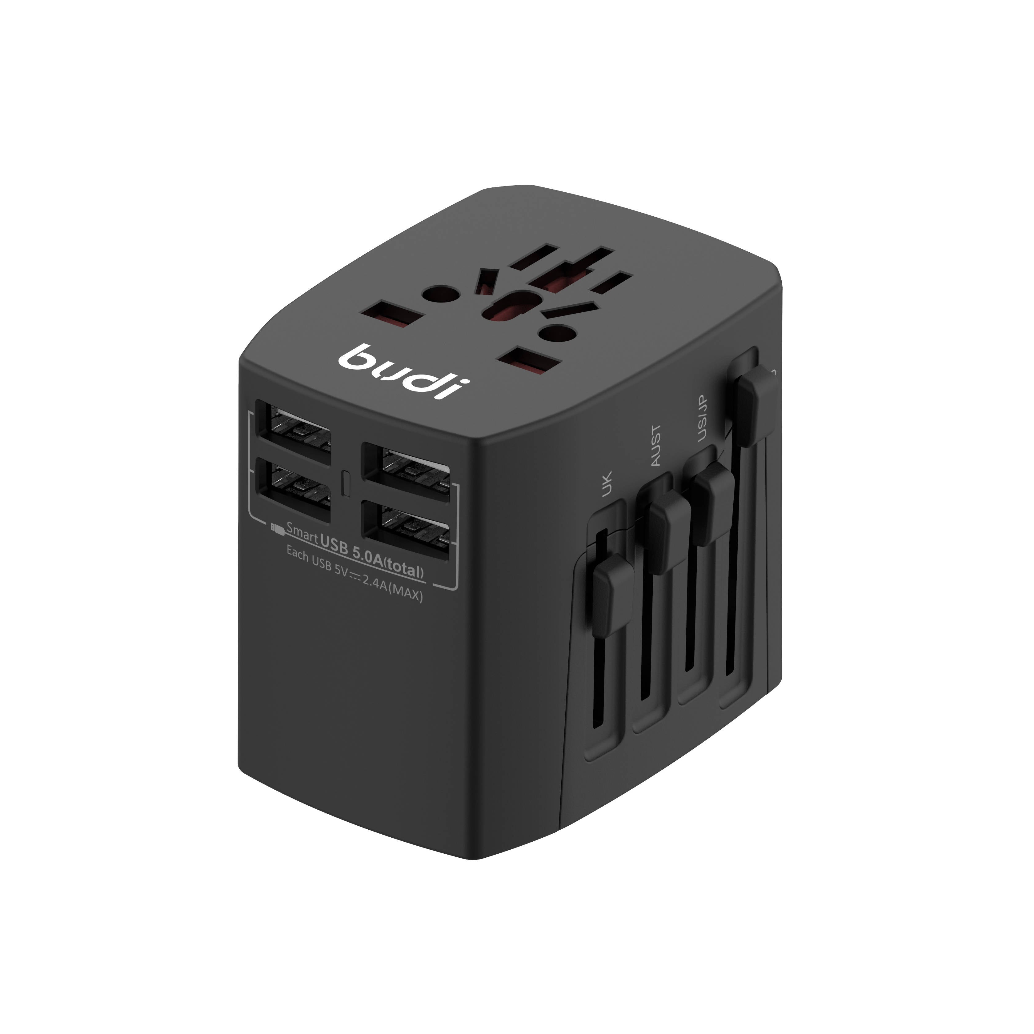 Budi 4 USb Charger With Socket Global Travel Charger 1840W Black