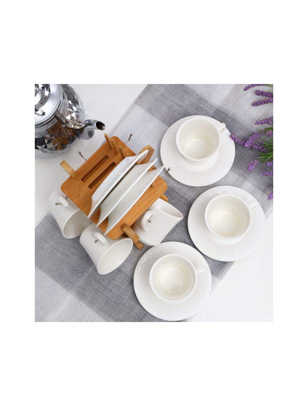 Royalford 12Pcs Porcelain Cup & Saucer Set With Wooden Stand