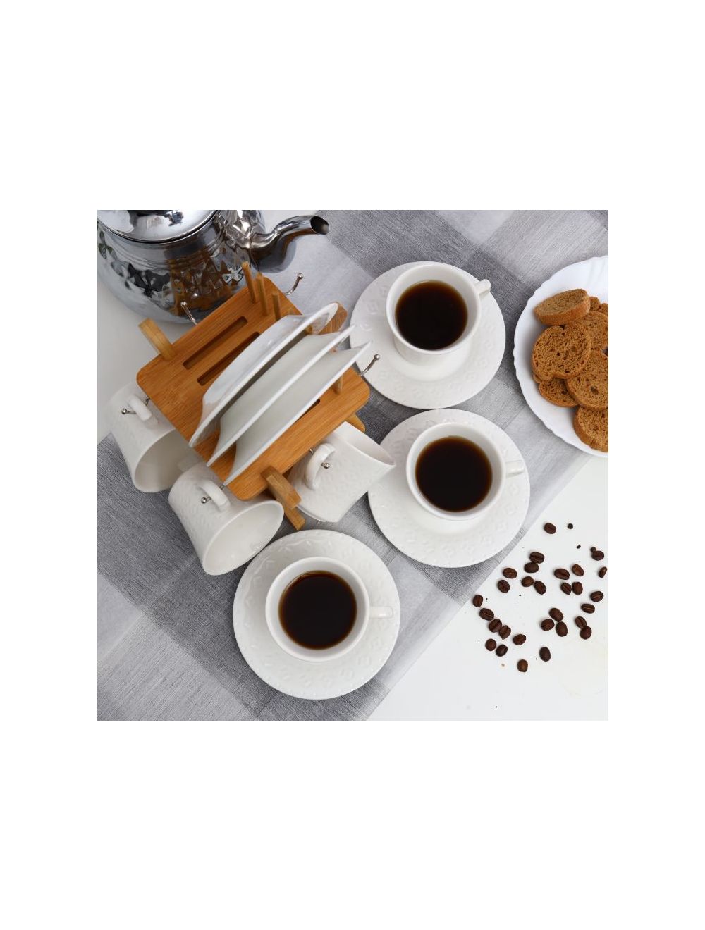 Royalford 12Pcs Porcelain Cup & Saucer Set With Wooden Stand