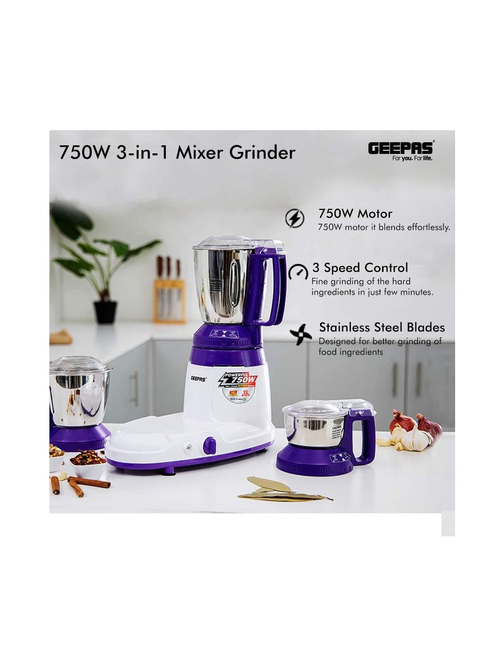 Geepas 3 In 1 Mixer Grinder 750W