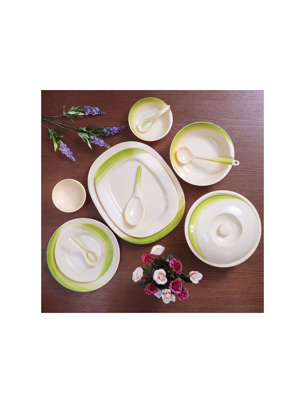 Royalford Melamine Dinner Set Ribble Design 64 Pcs White & Green