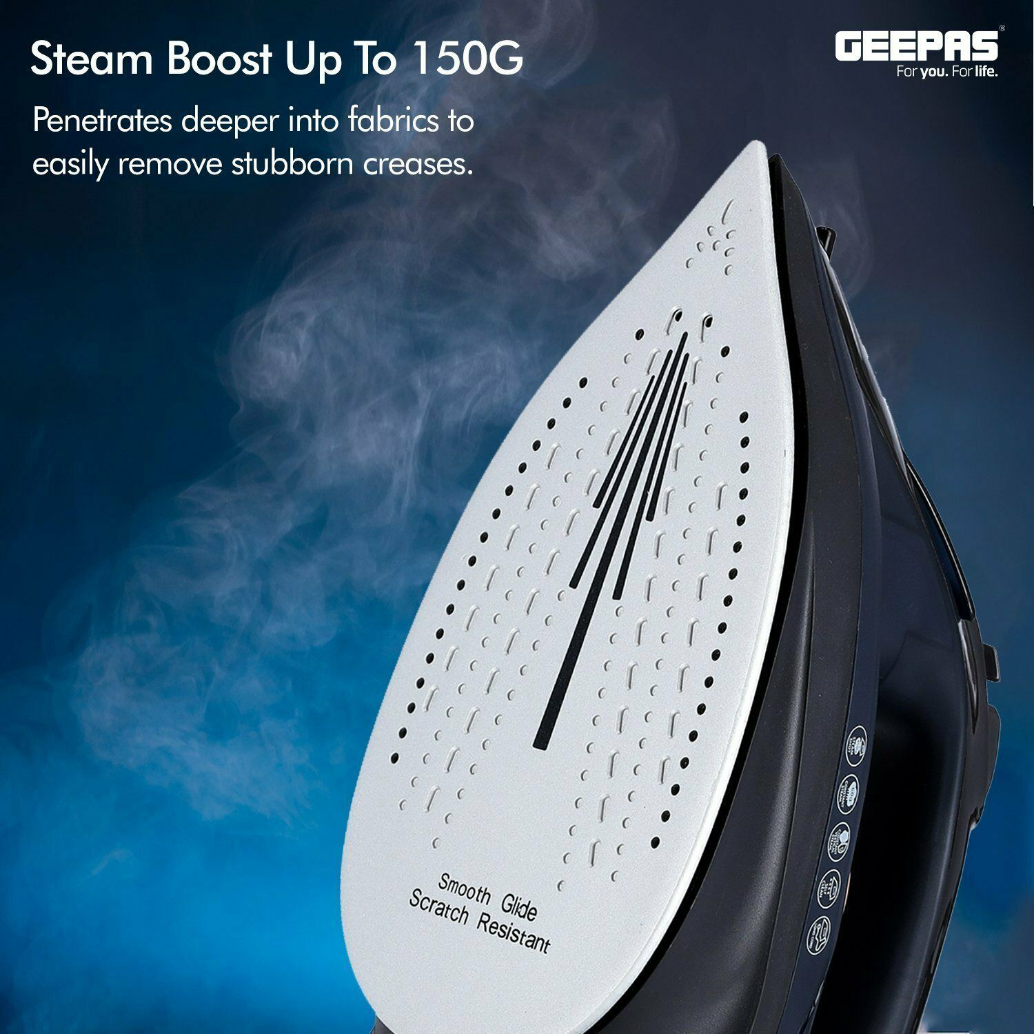Geepas 2400W Iron Soleplate Power Steam | reliable performance | lightweight | variable steam settings | safety features | stylish | even heat distribution | Halabh.com