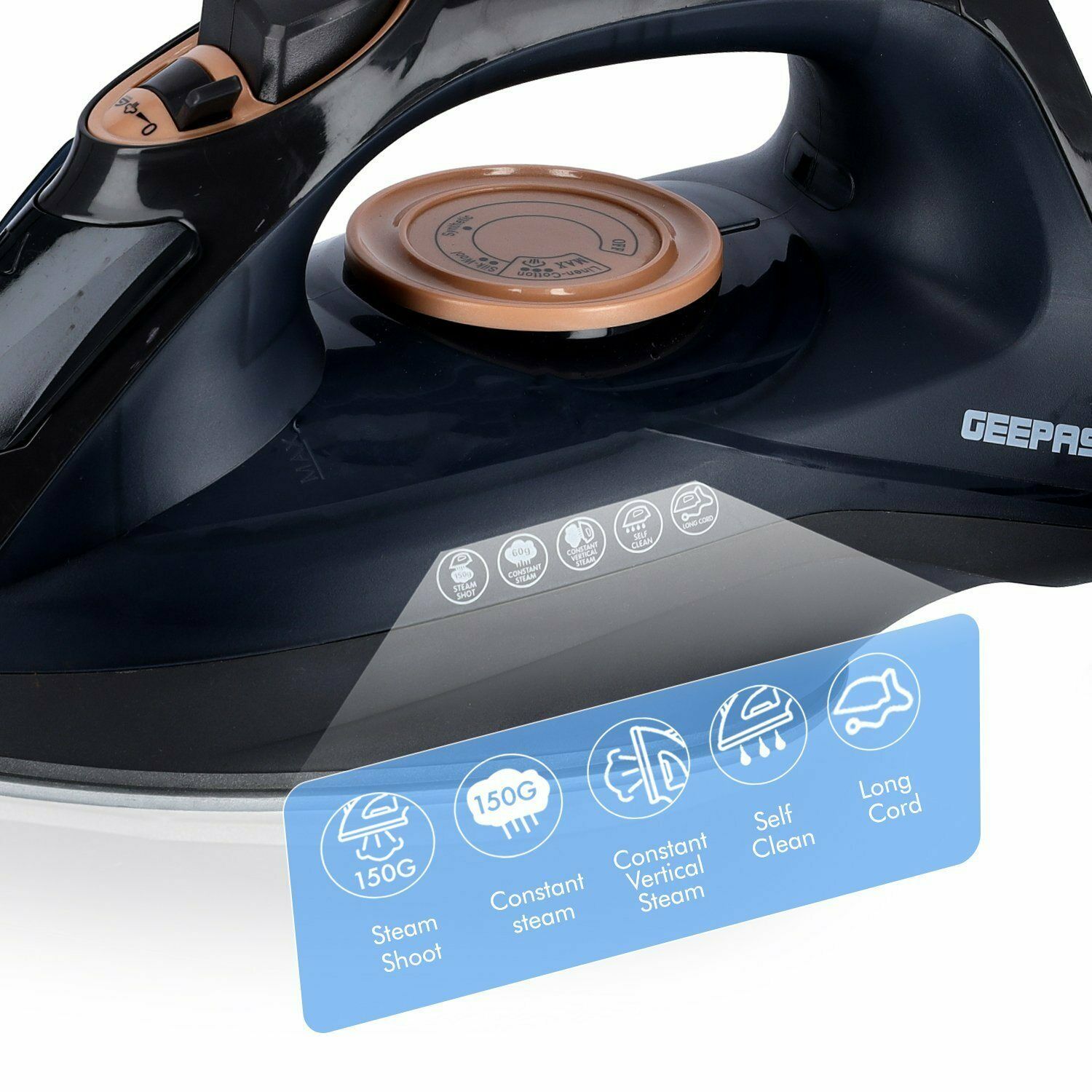 Geepas 2400W Iron Soleplate Power Steam | reliable performance | lightweight | variable steam settings | safety features | stylish | even heat distribution | Halabh.com