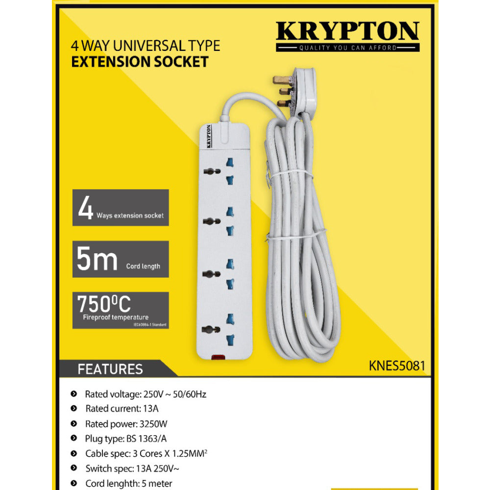 Krypton 4 Way Extension Socket 5 Meter White | Outlet | USB | Extension Cord | Electronics | Home Improvement | Technology | Convenience | Protection | Versatility | Halabh.com
