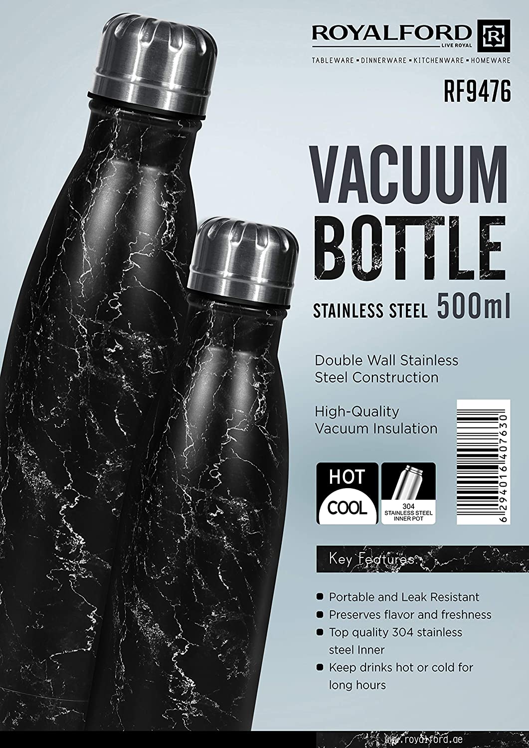 Royalford Stainless Steel Marble Design Vacuum Bottle 500Ml Black