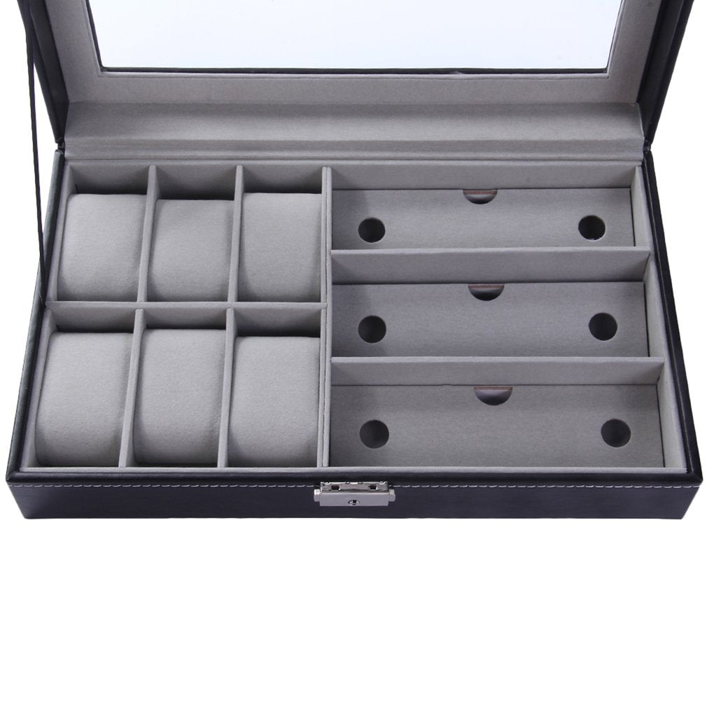 PU Leather 6+3 Grids Storage Watch 3321223415 | watch storage | box | jewelry box | timepiece storage | luxury accessories | organizational products | elegant design | secure lock | Halabh.com