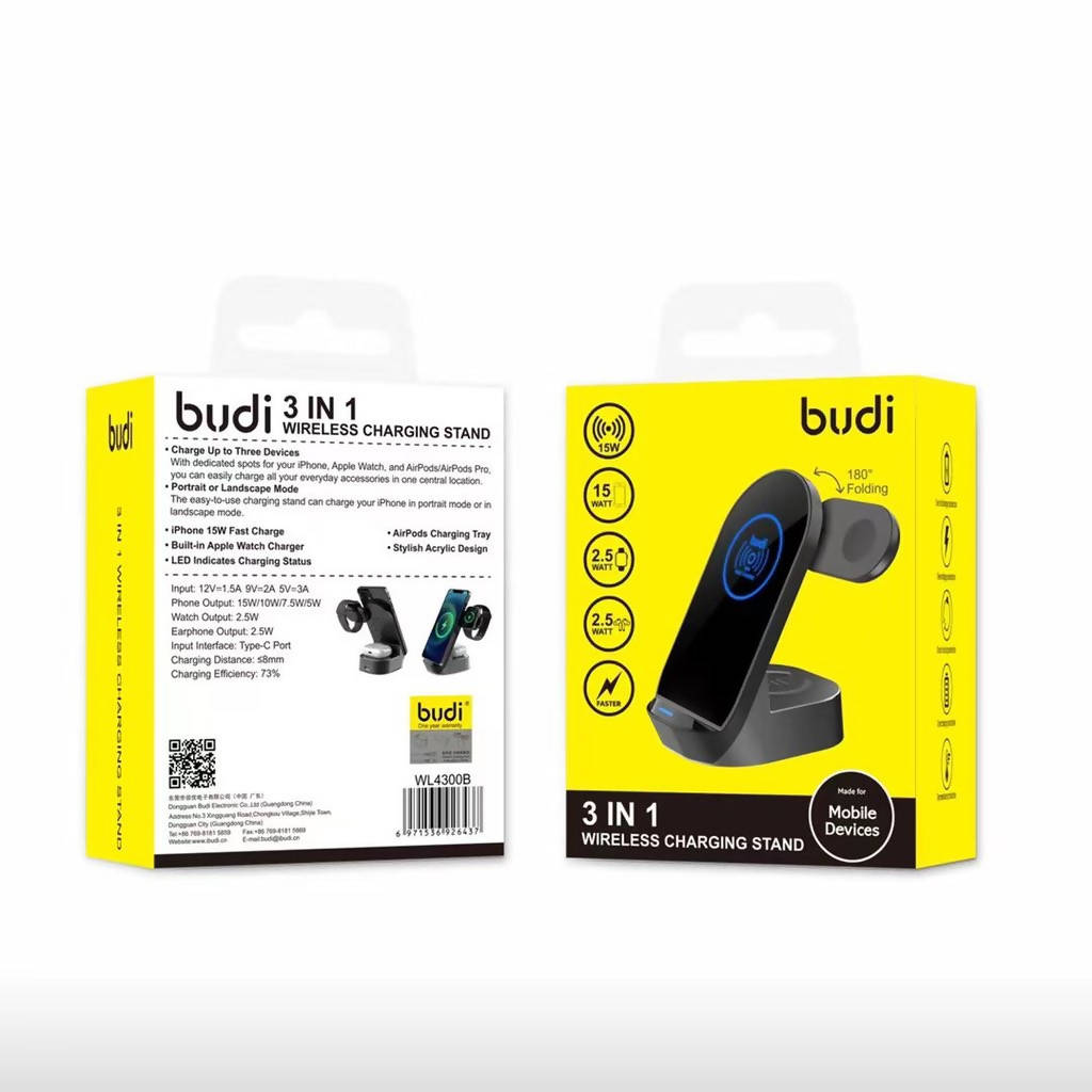 Budi 3 In 1 Wireless Charging Stand Black