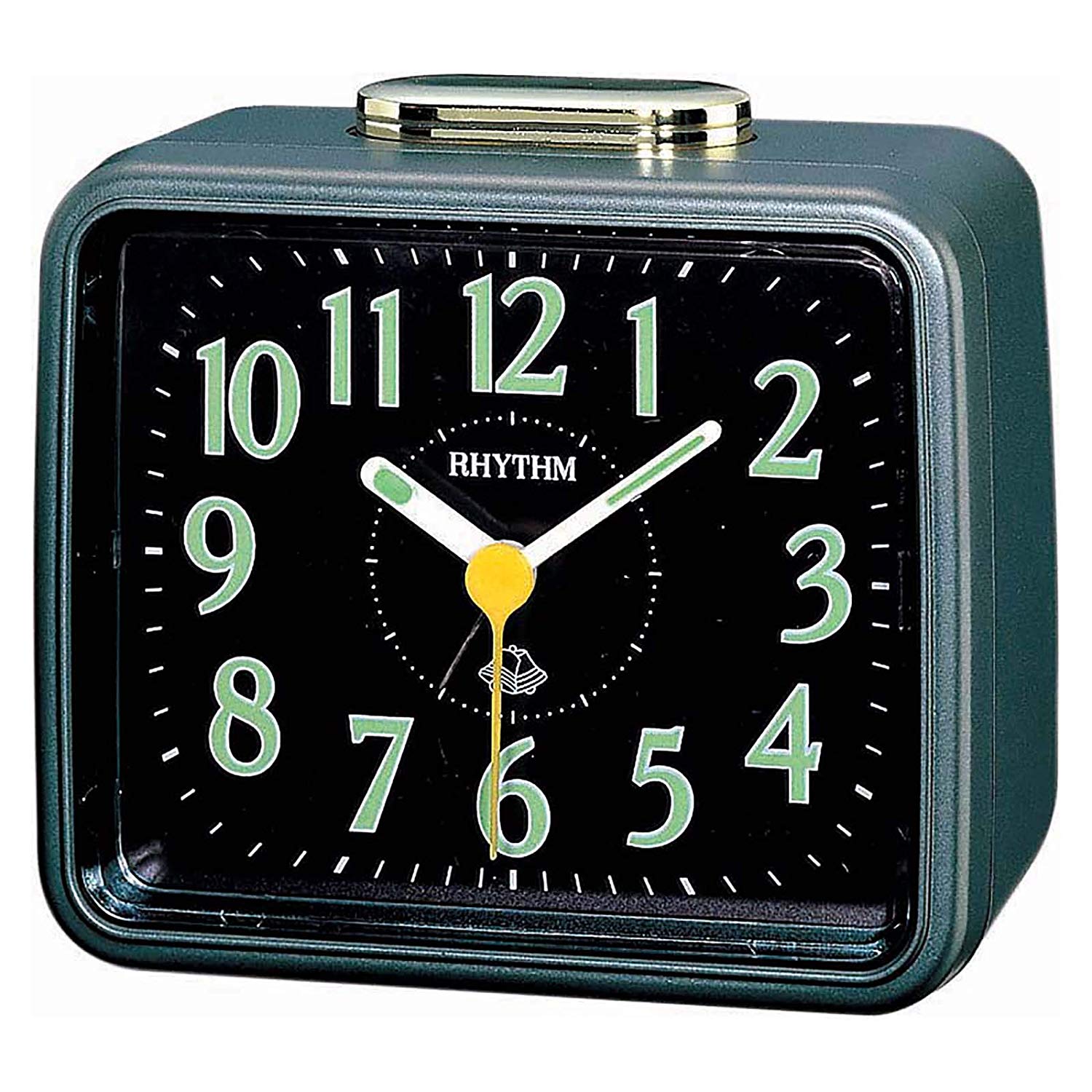 Rhythm Alarm Clock Green & Black 4RA457WR08 | Reliable Timekeeping | Travel | Wake Up Routine | Snooze Function | Battery Operated | Portable | White Face | Halabh.com