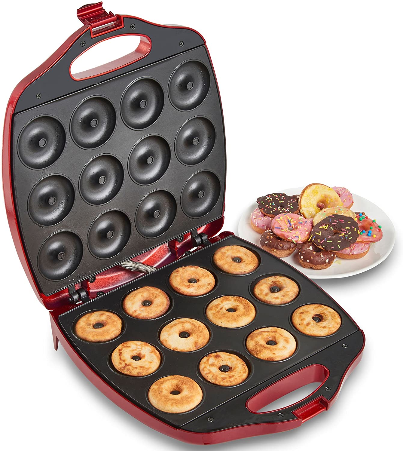 VonShef 12 Mini Donut Electric Maker Kit Set Small Donut Snack Machine Red