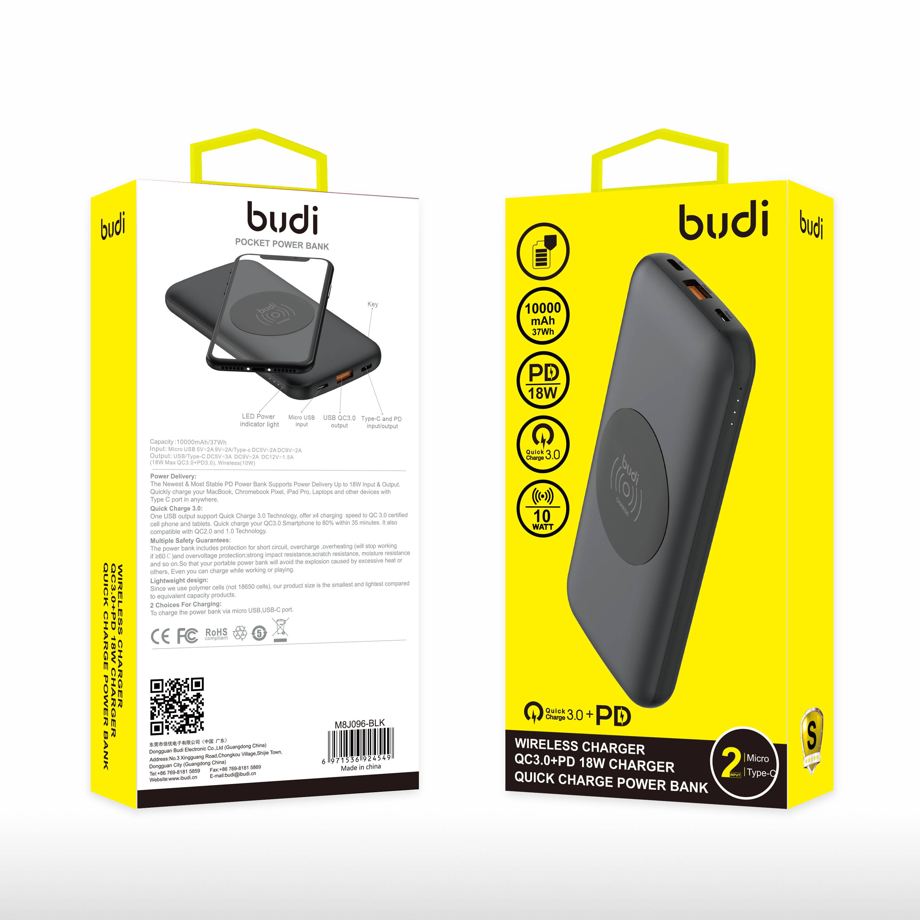 Budi 18W & Wireless 10w Quick Charge Power Bank 10000mAh Black
