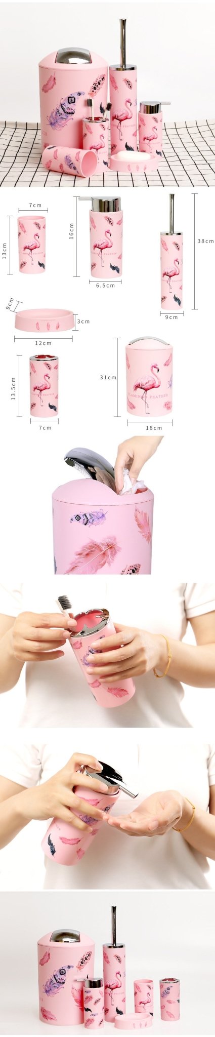 6 Pieces Bathroom Accessories Set Toothbrush Holder Organizer Storage Plastic Pink Flamingo Patter