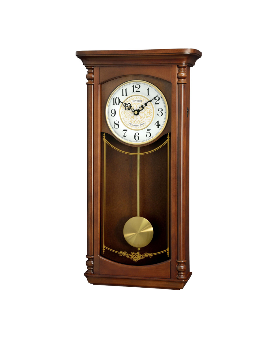 Rhythm Wall Clock Analog White Dial Brown Wooden Case