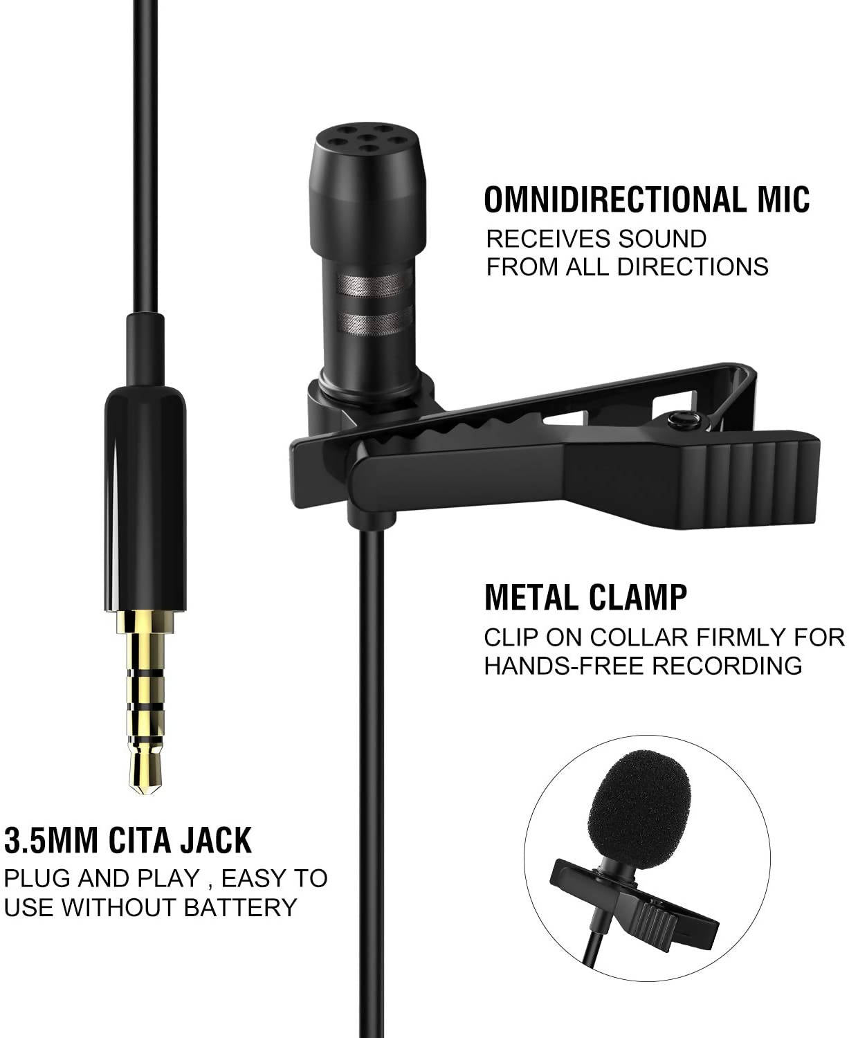Microphone, Professional Small Mini Lapel Mic Omnidirectional Condenser Microphone, Hands Free Shirt Collar Clip-on Mic