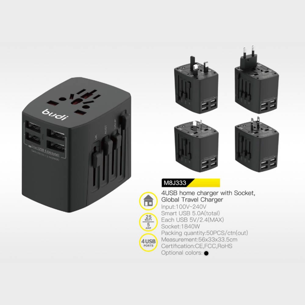 Budi 4 USb Charger With Socket Global Travel Charger 1840W Black