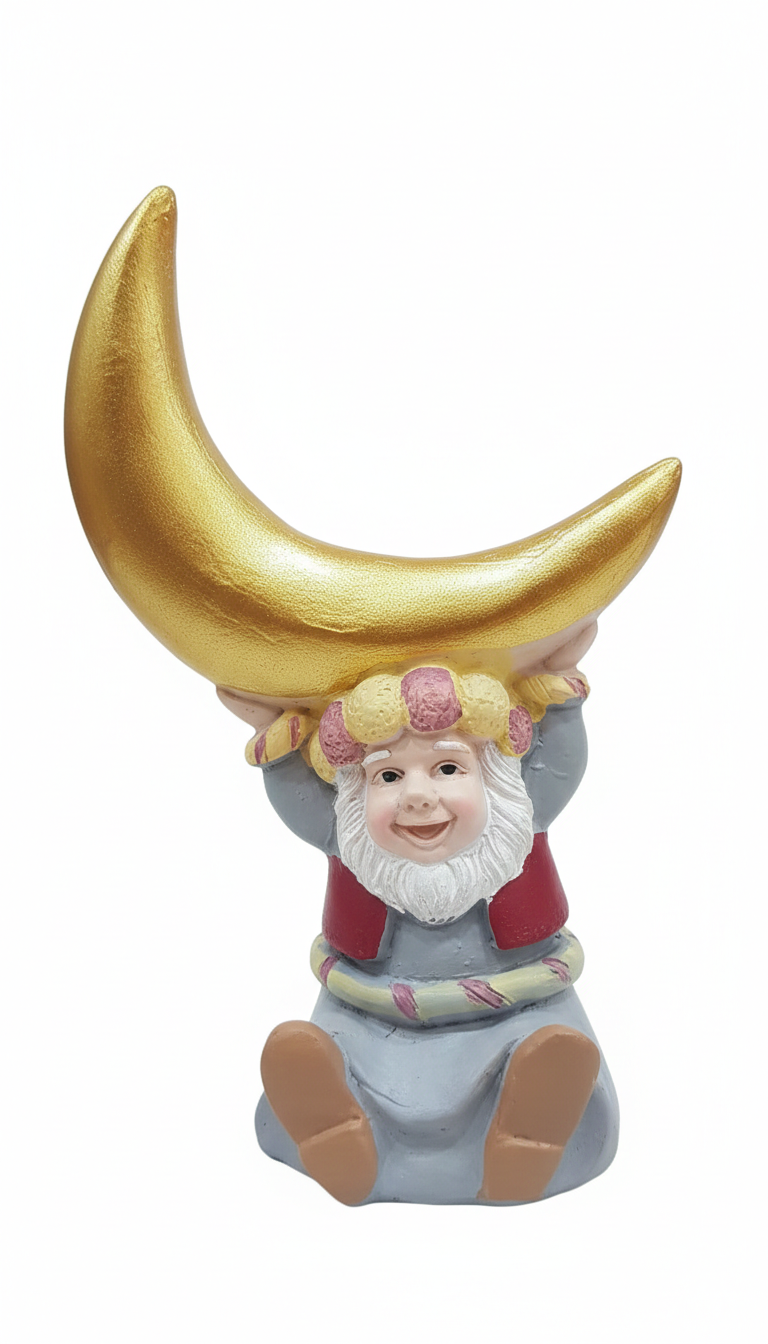 Golden Crescent Moon Gnome Figurine – Whimsical Home Décor