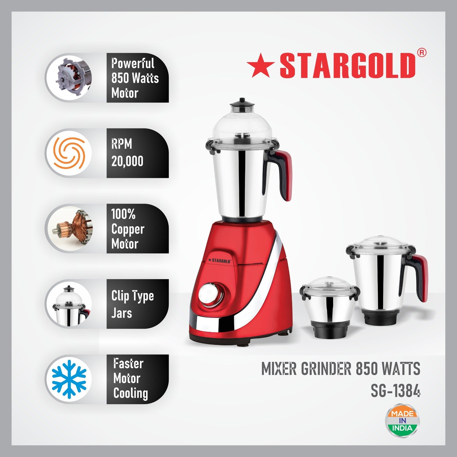 STARGOLD Mixer Grinder 3 In 1 Stainless Steel 3 Jar Body Blender 850W Powerful Motor Juicer Grinder - SG-1384
