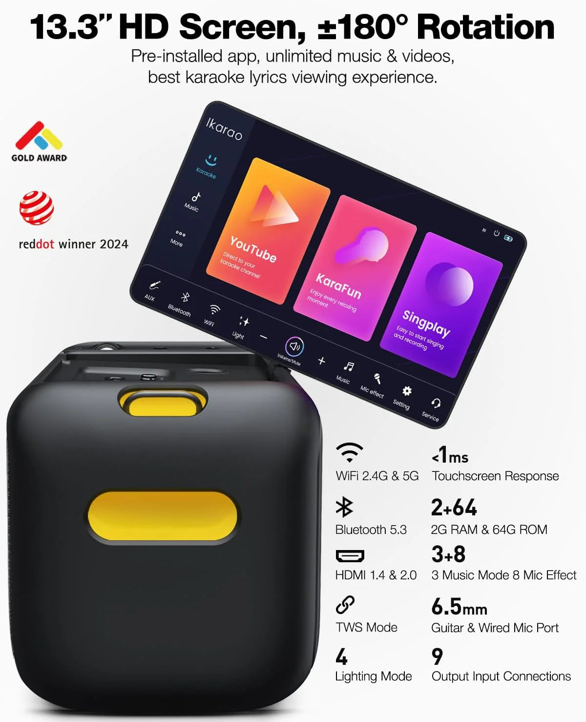 Ikarao Karaoke Machine for Adults, with Lyrics Display Built-in 13.3" Screen, All in One Karaoke Machine with 2 Wireless Microphone, IK-BREAKX1