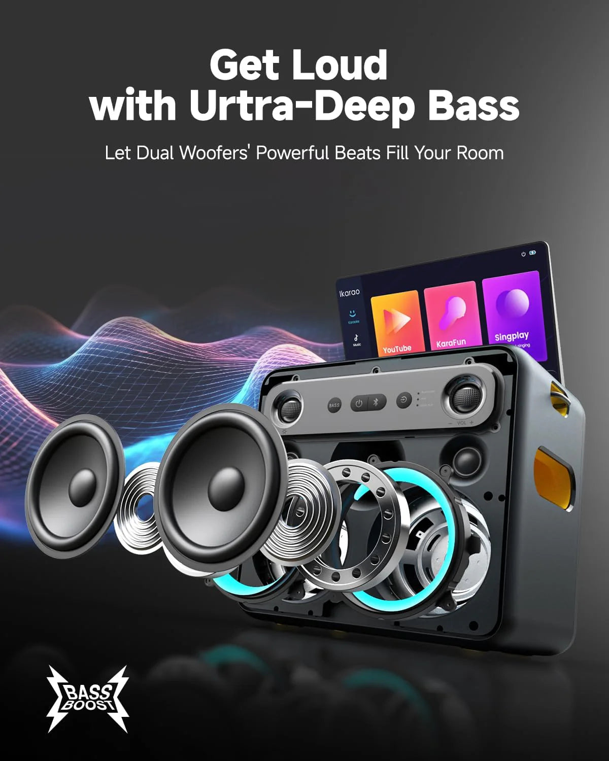 Ikarao Karaoke Machine for Adults, with Lyrics Display, 64GB Karaoke Tablet, 2 Wireless Microphone, IK-BREAKX2