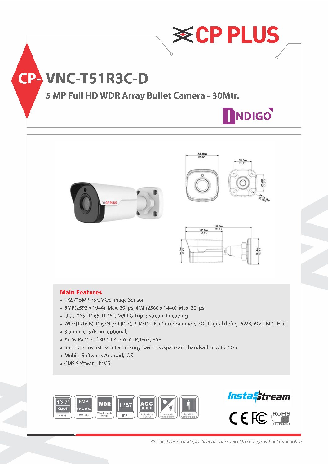 CP Plus 5 MP Full HD Array Bullet Camera 30Mtr - CP-VNC-T51R3-D