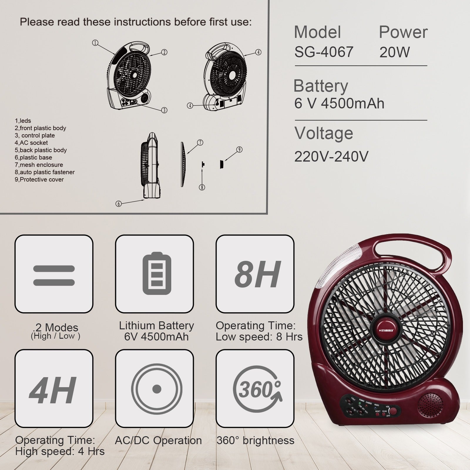 rechargeable electric fan with light and radio