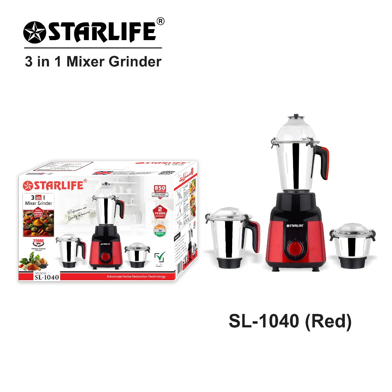 STARLIFE 3-in-1 Mixer Grinder 850W Heavy Duty Motor, SL-1040