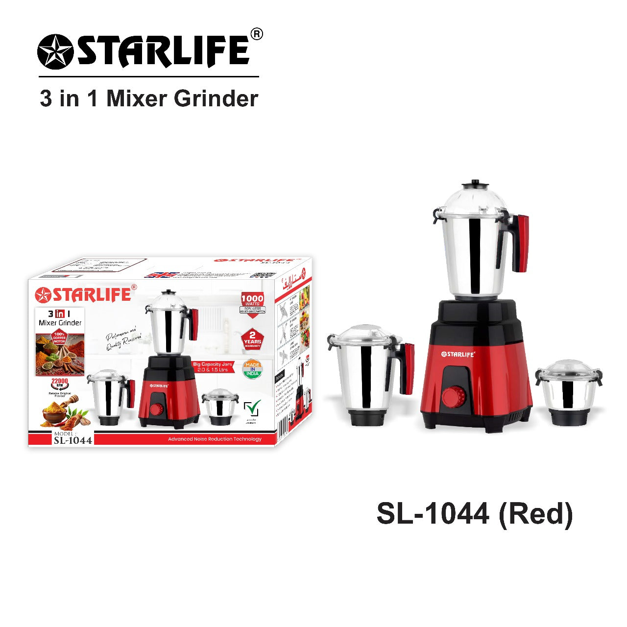 STARLIFE 3-in-1 Mixer Grinder 1000W Heavy Duty Motor, SL-1044