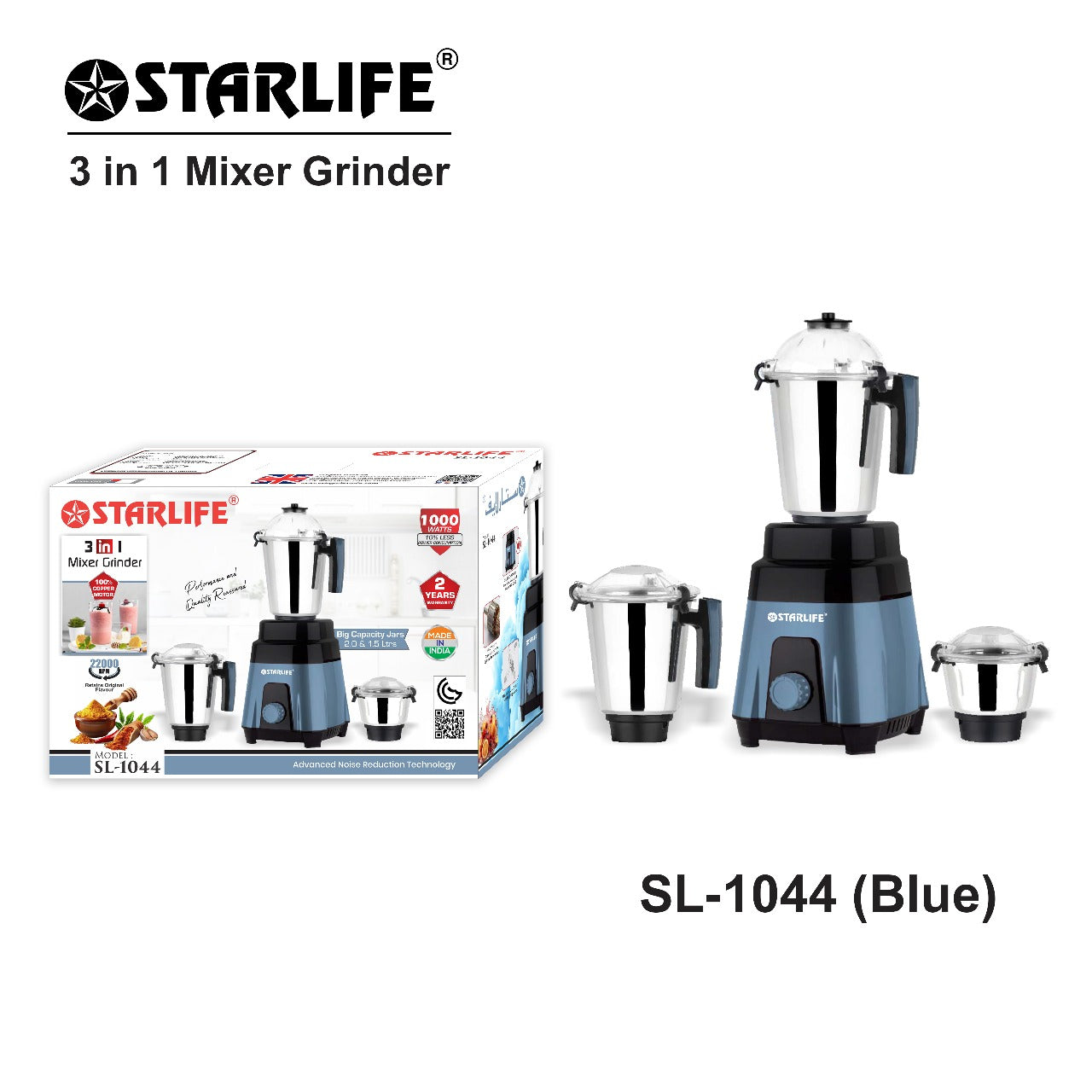 STARLIFE 3-in-1 Mixer Grinder 1000W Heavy Duty Motor, SL-1044
