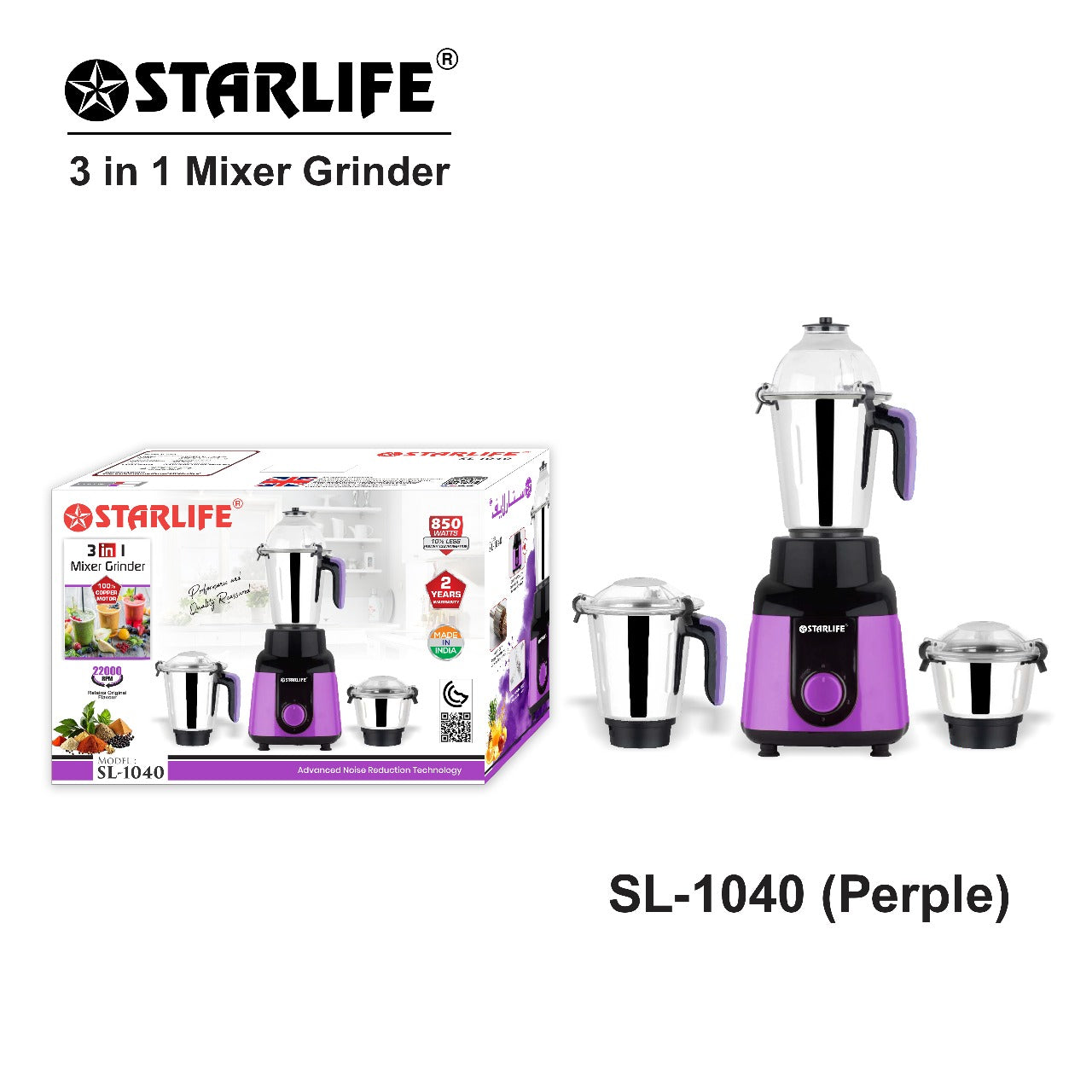 STARLIFE 3-in-1 Mixer Grinder 850W Heavy Duty Motor, SL-1040