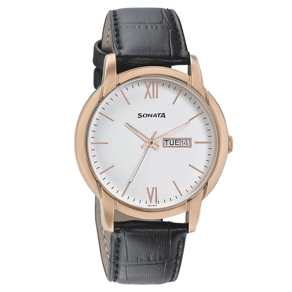 Sonata Gold White Dial Leather Strap Watch