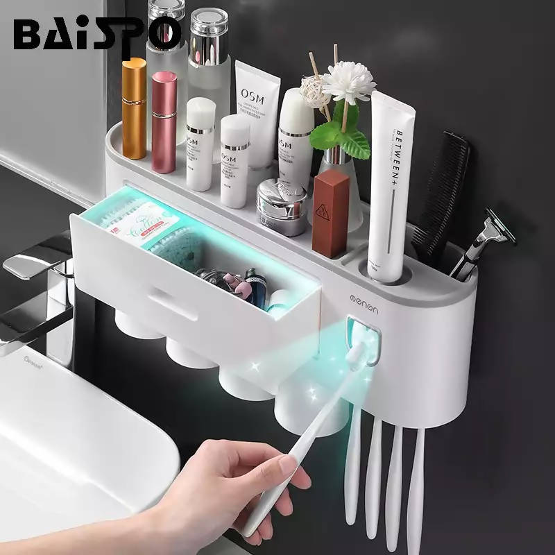 BAISPO Magnetic Toothbrush Holder Bathroom Accessories Automatic Toothpaste Squeezer Dispenser For Home Bathroom Sets Storage