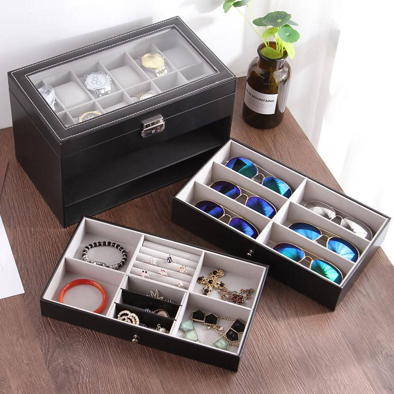 Watch And Accessories Organizer Box Black W-145 | watch storage | box | jewelry box | timepiece storage | luxury accessories | organizational products | elegant design | secure lock | Halabh.com