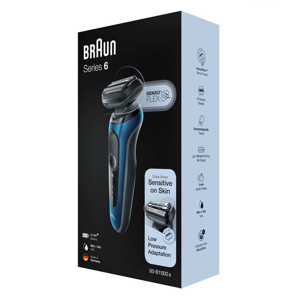 Braun 60-B1000s,Braun Shaver Series 6 Sensoflex - 60-B1000S Wet & Dry Shaver, With Travel Case, Blue, Blue,