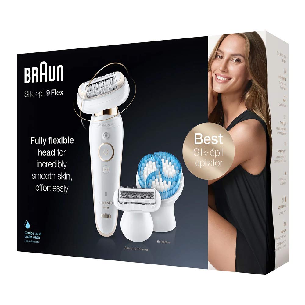 Braun SES 9010 3D,Braun Silk-epil 9 Flex SES 9010 3D Beauty Set - Epilator Flexible Head +5 extras & Pouch, White,