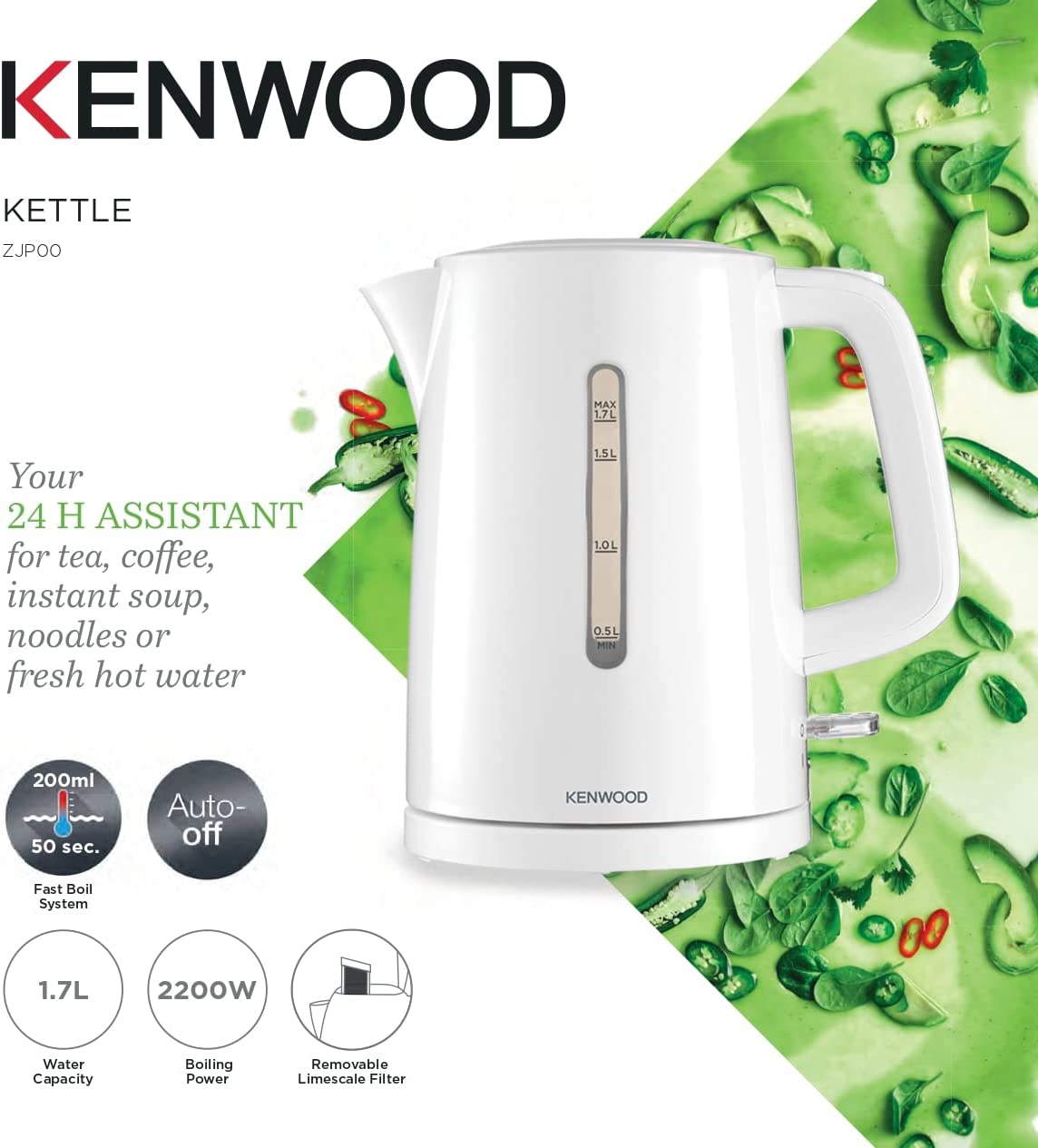 Kenwood Plastic Kettle 1.7L Capacity 2200W Power White Zjp00.000Wh