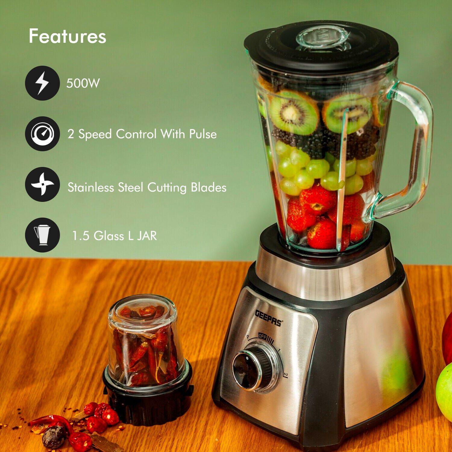 Geepas 500W Glass Food Jug Blender 1.5 L Black | Kitchen Appliances | Halabh.com