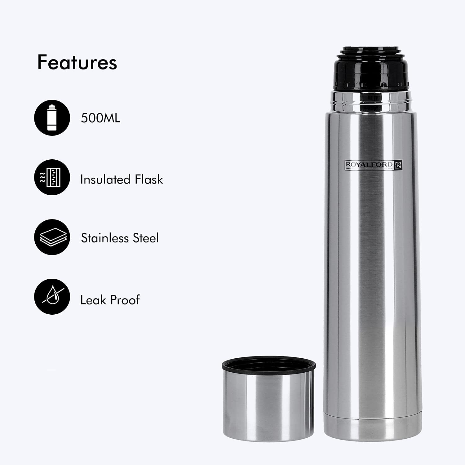 Royalford 500 Ml Stainless Steel Vacuum Flask Heat Insulated Thermos Silver