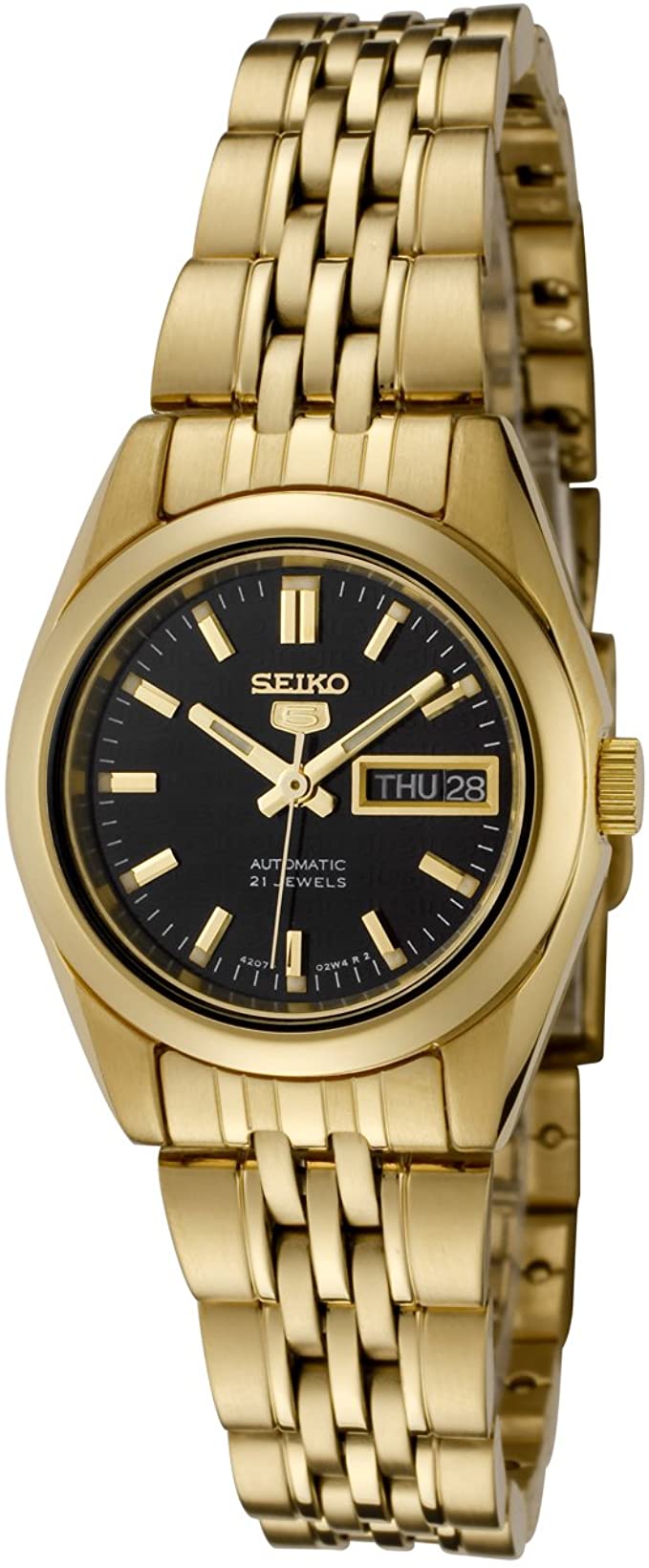 Seiko Women's Seiko 5 Automatic Black Dial Gold Tone Stainless Steel Watch