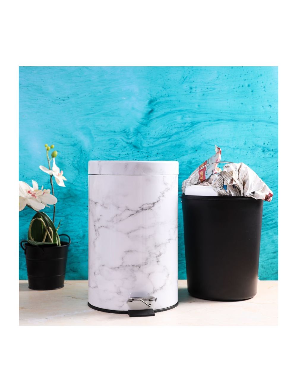 Royalford 5L Marble Design Dust Bin White & Grey