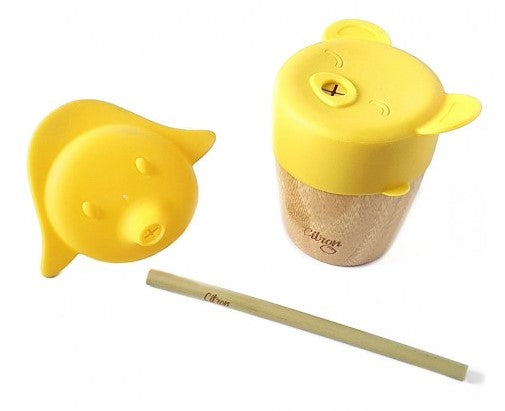 Citron Bamboo Cup With 2 Silicone Lids & Bamboo Straw Yellow
