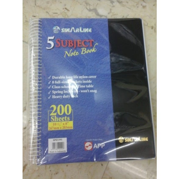 Sinarline 5 Subject Spiral PVC NoteBook 10.5 X 8 200'S