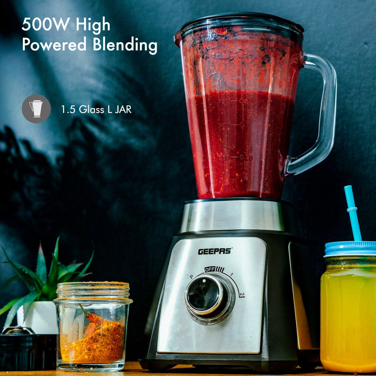 Geepas 500W Glass Food Jug Blender 1.5 L Black | Kitchen Appliances | Halabh.com