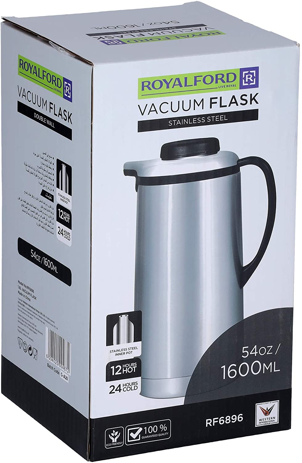 Royalford Stainless Steel Vacuum Flask 1.6L Black & Silver