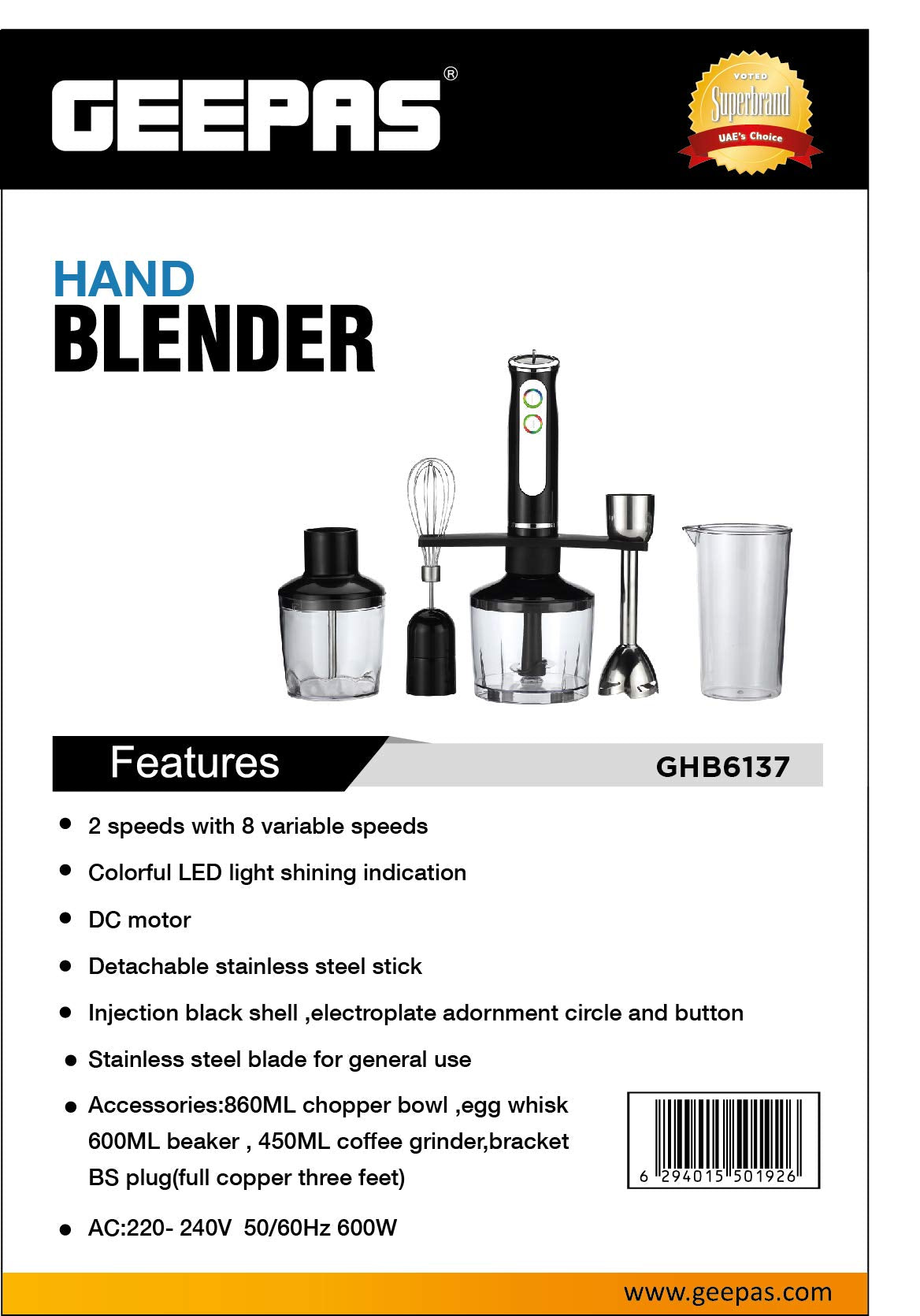 Geepas Hand Blender 600Watts Black | Kitchen Appliances | Halabh.com