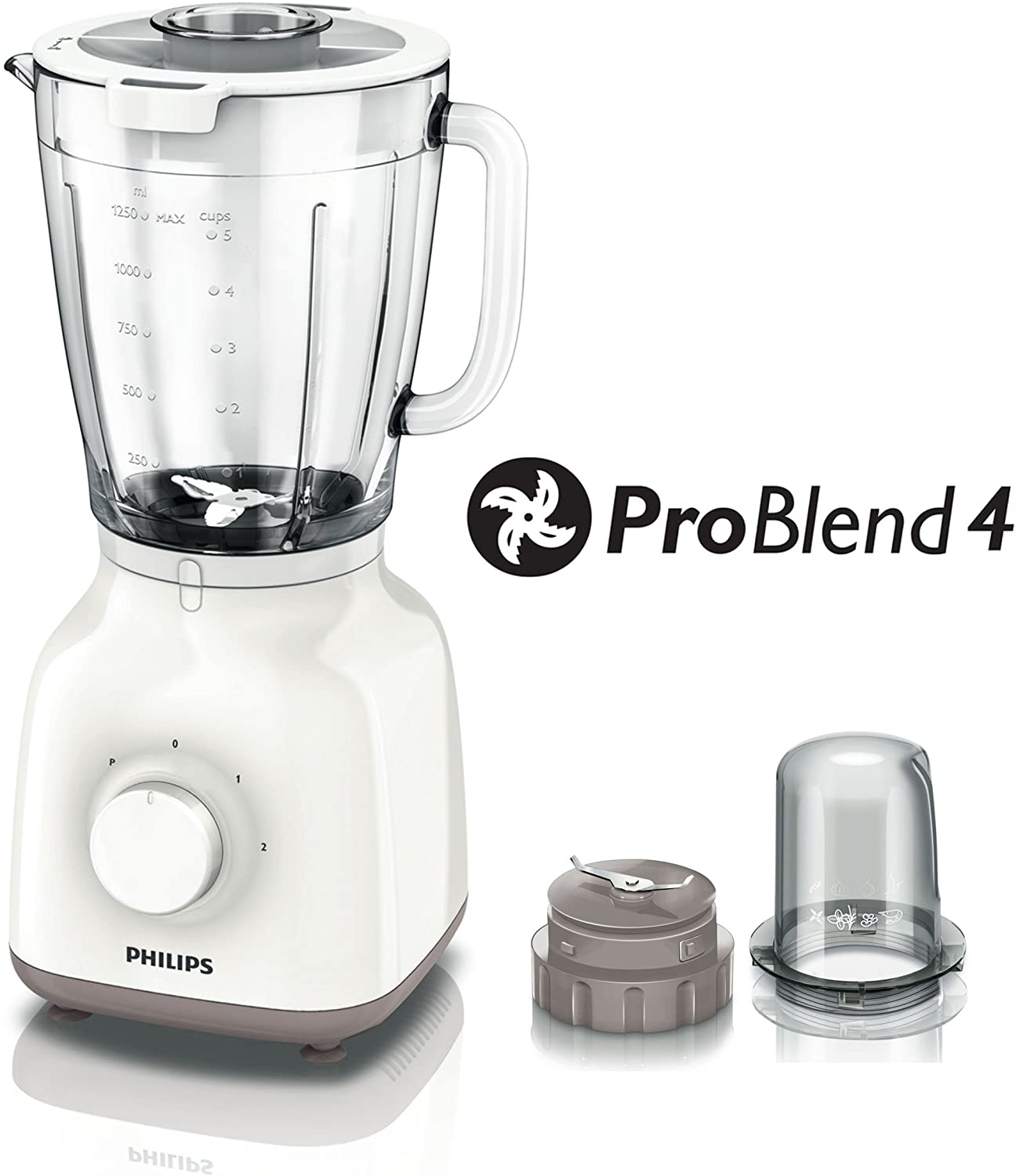 Philips HR2106 Daily Collection Glass Jug Blender with Chopper and Pro Blend Technology, 400 W - White