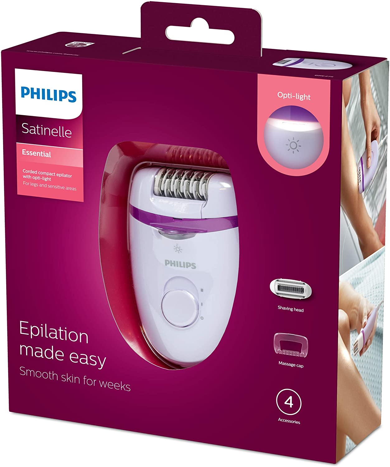 Philips Satinelle Essential Corded Compact Epilator. 4 Accessories. Opti- Light. 2 pin, White, BRE275